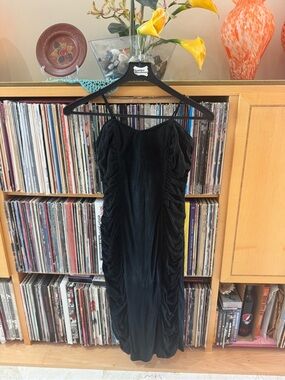 PRICE DROP: NWOT, PASTICHE,4, lined SEXY,BLACK RUCHED LAMBSKIN SUEDE DRESS